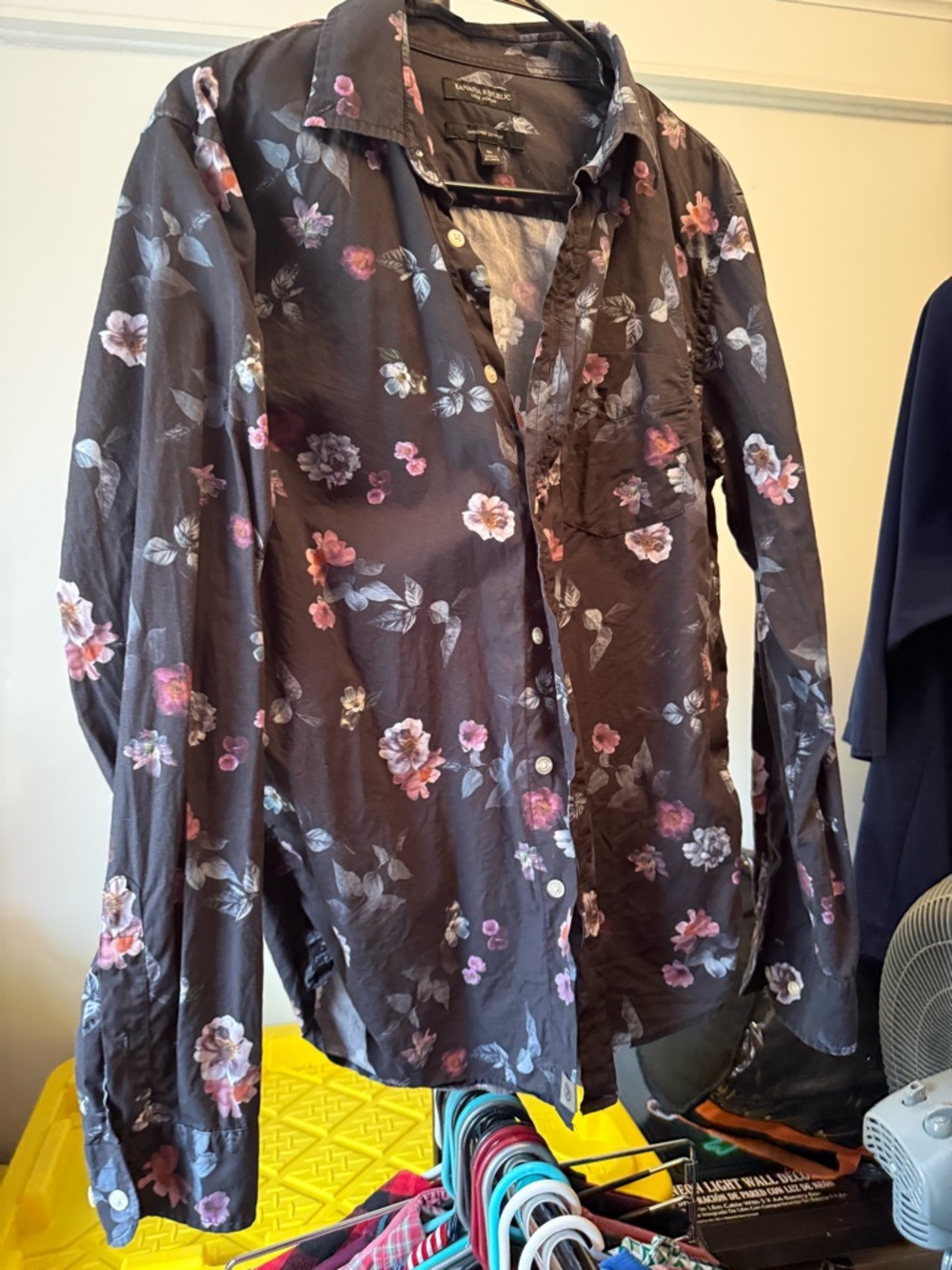 Banana Republic Dark Charcoal Floral Poplin Shirt with Pink & Cream Blooms